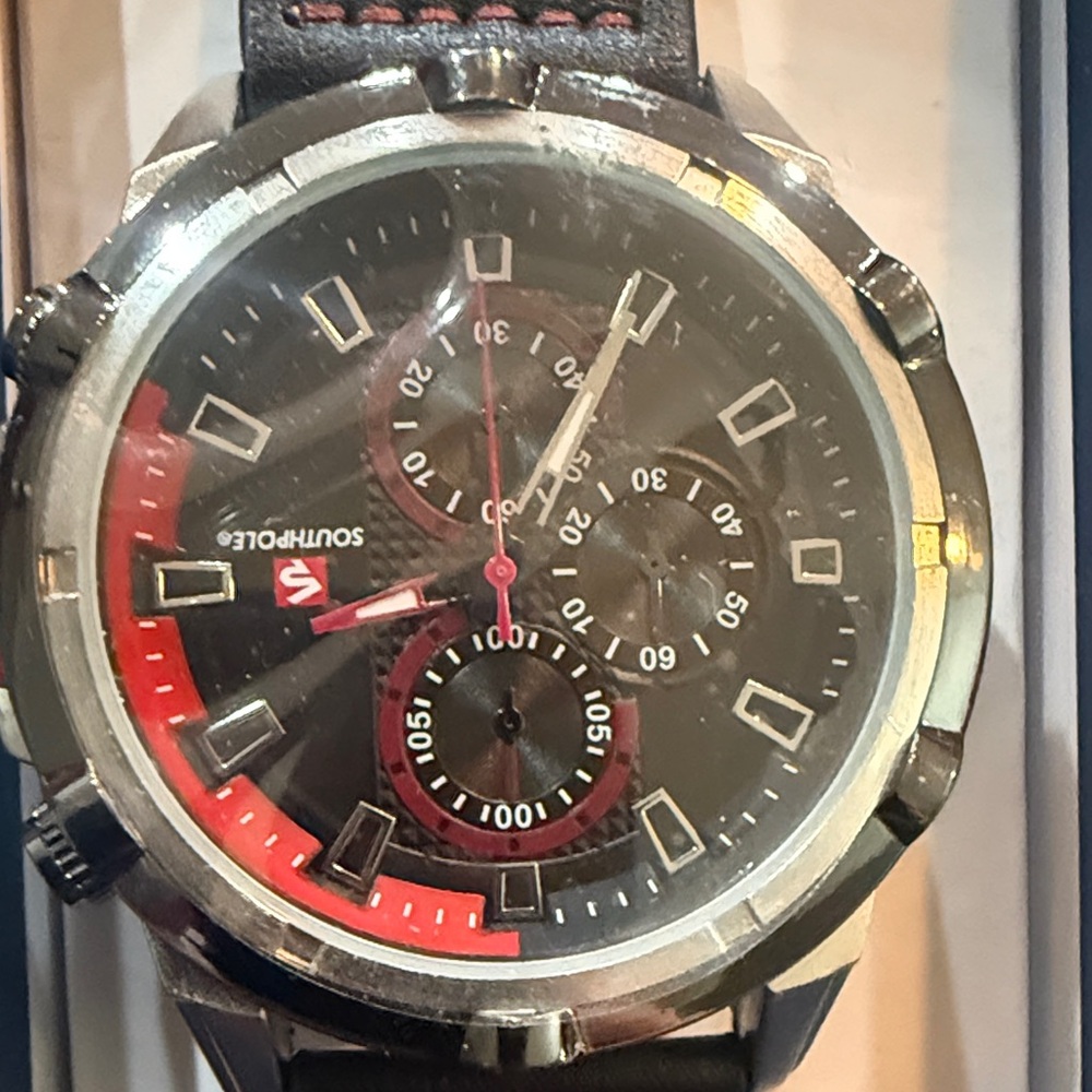 #71 Southpole Men’s Chronograph Watch Feauring  Black Dial w/Red Accents.